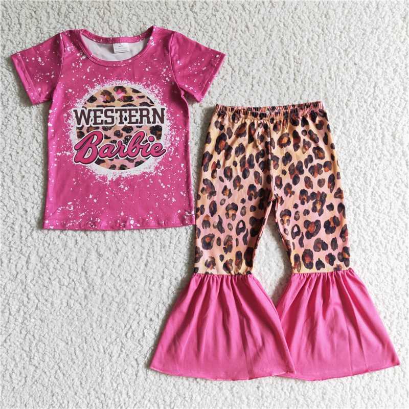 GSPO0125 Girls Barbie rose red short-sleeved leopard print trousers suit