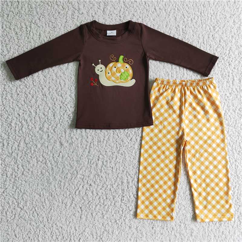 BLP0017Snails pumpkin embroidery shirt plaid pants kids fall clothing