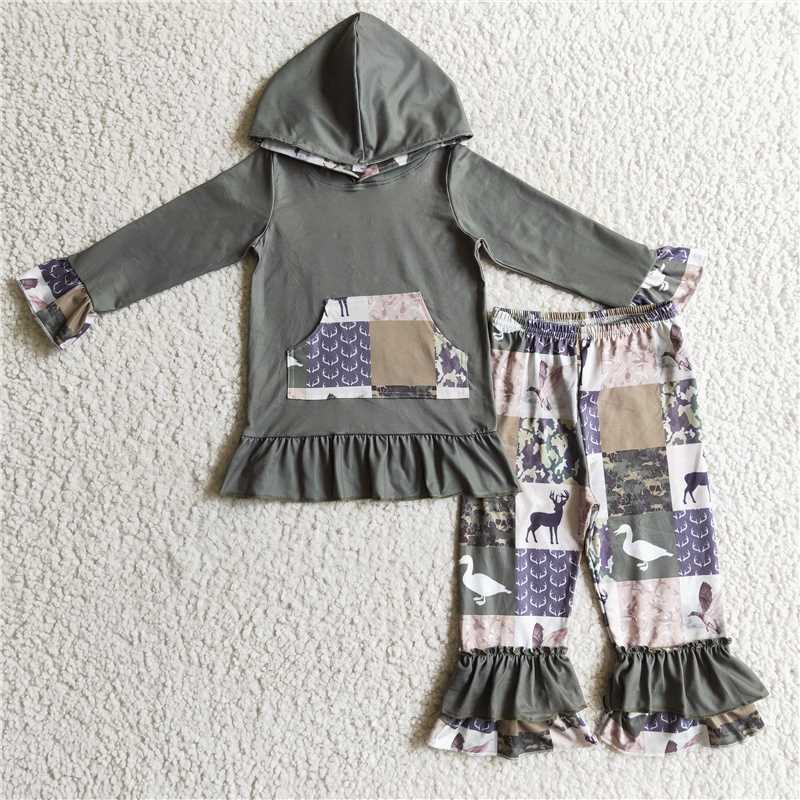 GLP0319 Girls' duck fawn green plaid hooded pocket long sleeve pants suit