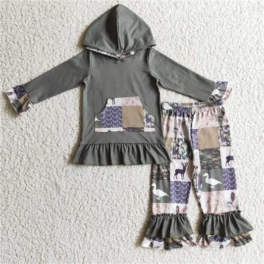 GLP0319  Baby Girls Hunting Hoodie Top Ruffle Pants clothes sets