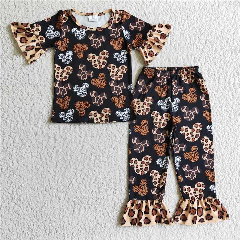 GSPO0229 Girls' leopard print Mickey head short-sleeved trousers suit