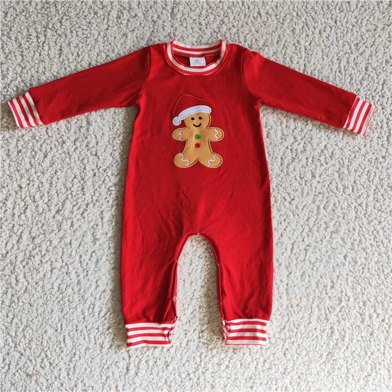 LR0195Gingerbread embroidery red stripe baby boy Christmas romper