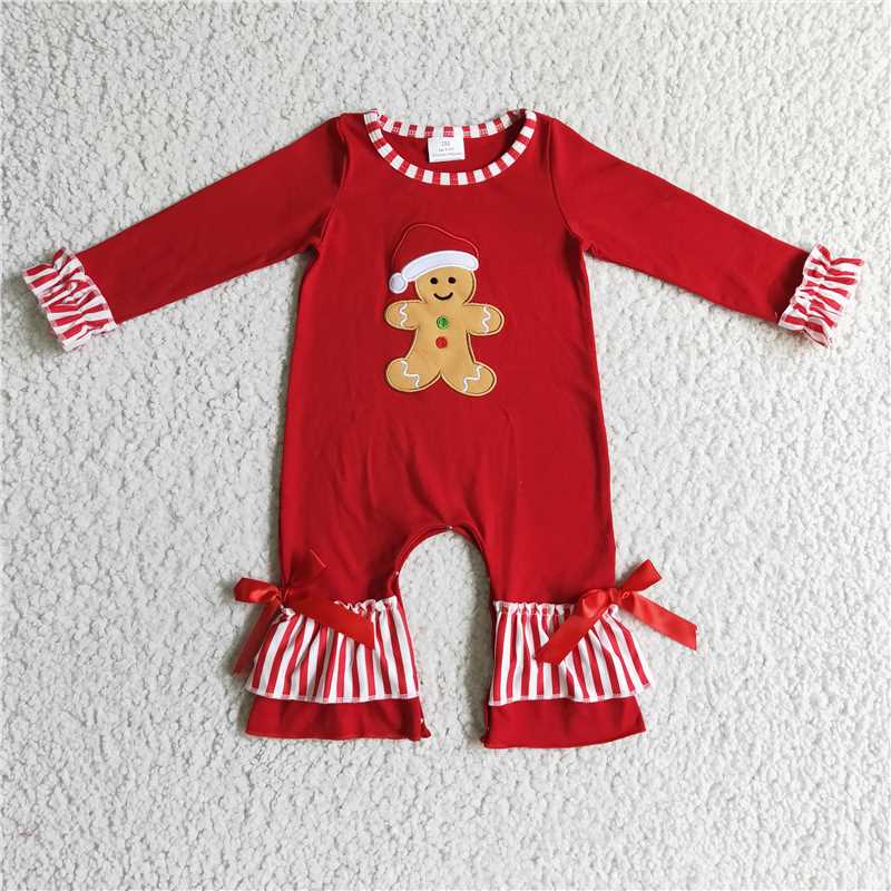LR0196Gingerbread embroidery red stripe baby girl Christmas romper
