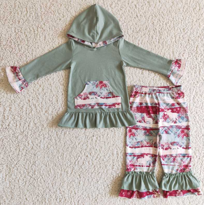 GLP0276 Girls’ blue hooded long-sleeved trousers set with Christmas deer pattern