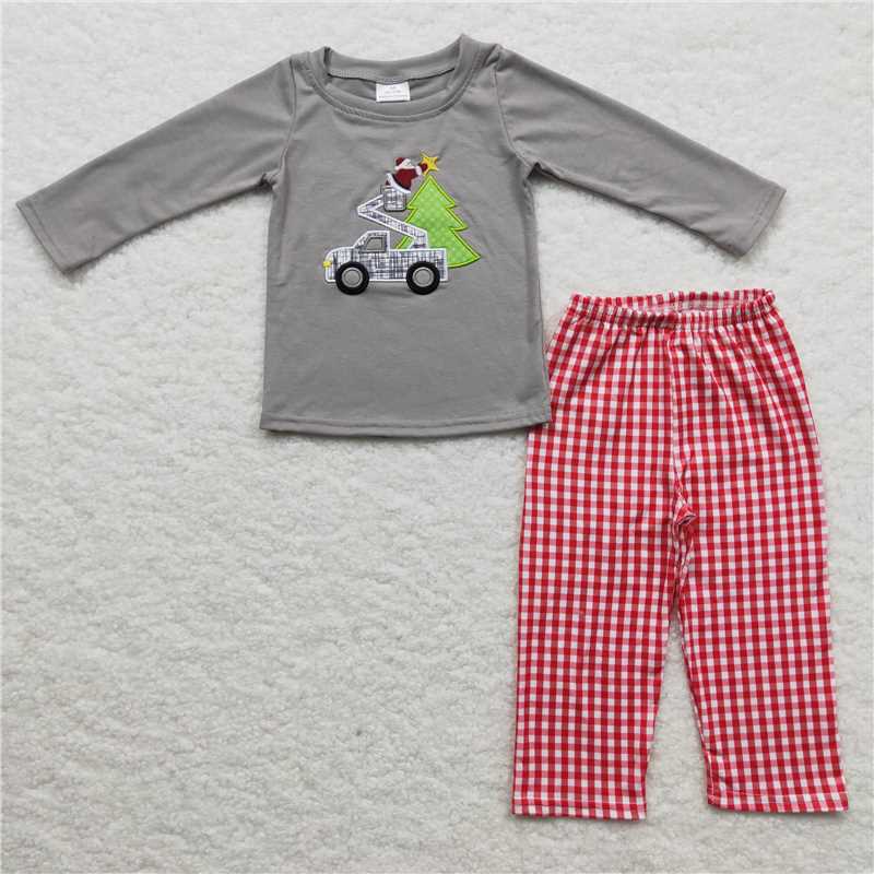 BLP0135Santa Christmas tree tractor embroidery boy clothing set