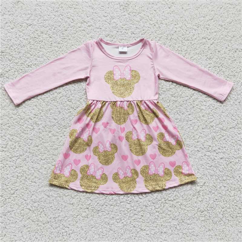 GLD0156 Baby Girls Cartoon pink knee length dresses