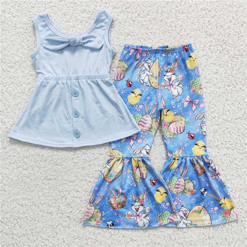 GSPO0233 Girls blue bunny flower short-sleeved trousers suit