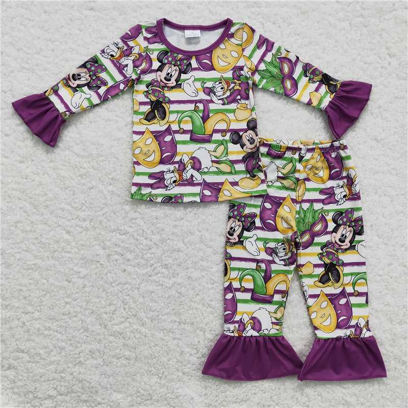 BLP0139+GLP0344 Baby Girls and Boys Clown-Mask Purple Striped Long Sleeve Pants Set