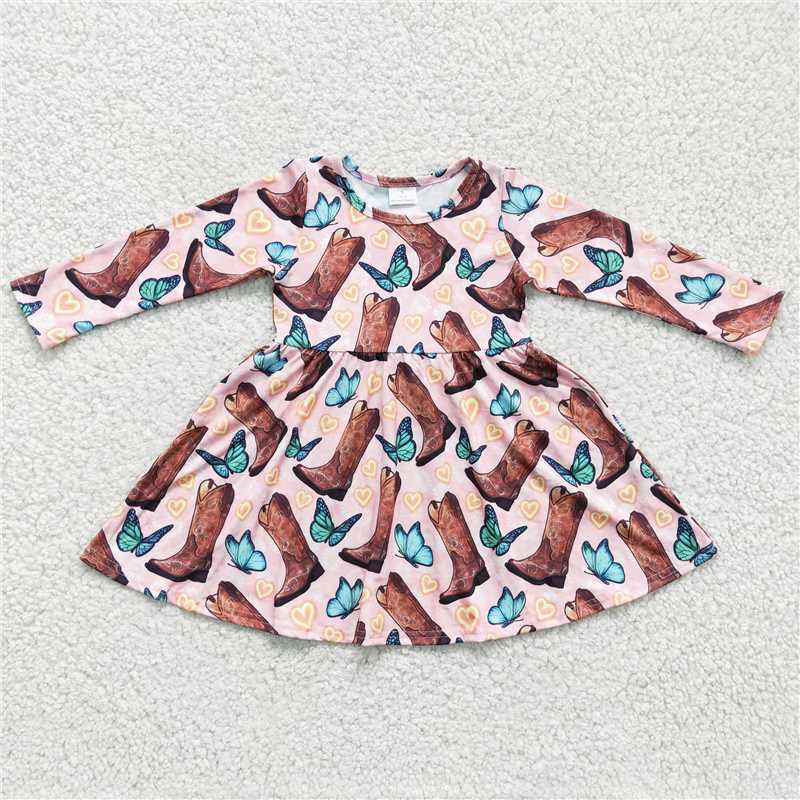 12.16 RTS NO MOQ (In stock)GLD0166 Baby Girls Boot Butterfly Knee Length Dresses