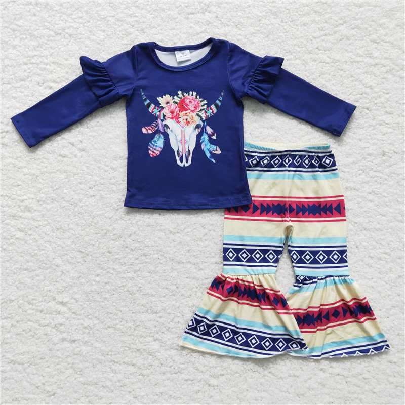 GLP0055Bull skull sweatshirt pants kids girls clothing set