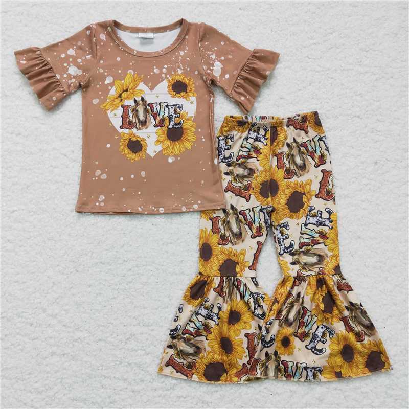 GSPO0277 Girls LOVE sunflower brown short-sleeved trousers suit