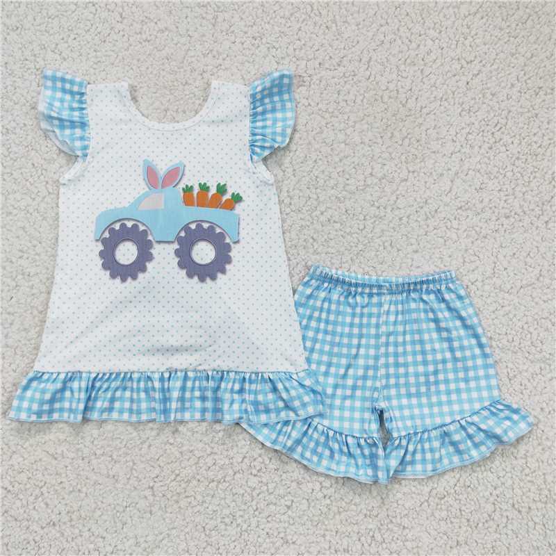 GSSO0127 Girl Rabbit Car Carrot Blue Flying Sleeve Shorts Suit