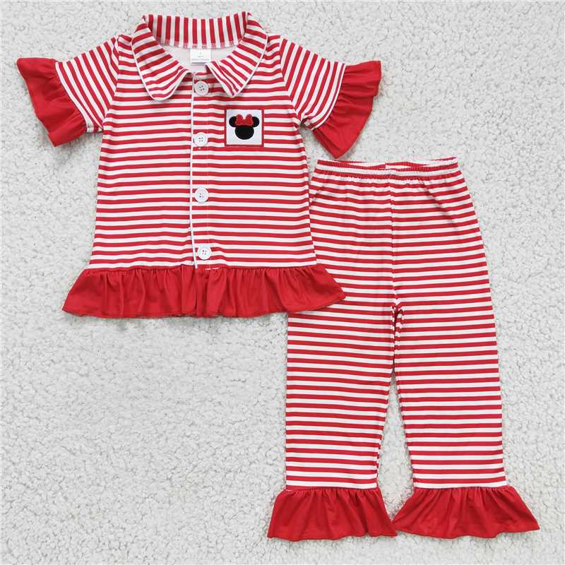 GSPO0256 Girls Embroidered Mickey Red Striped Button Short Sleeve Pants Set