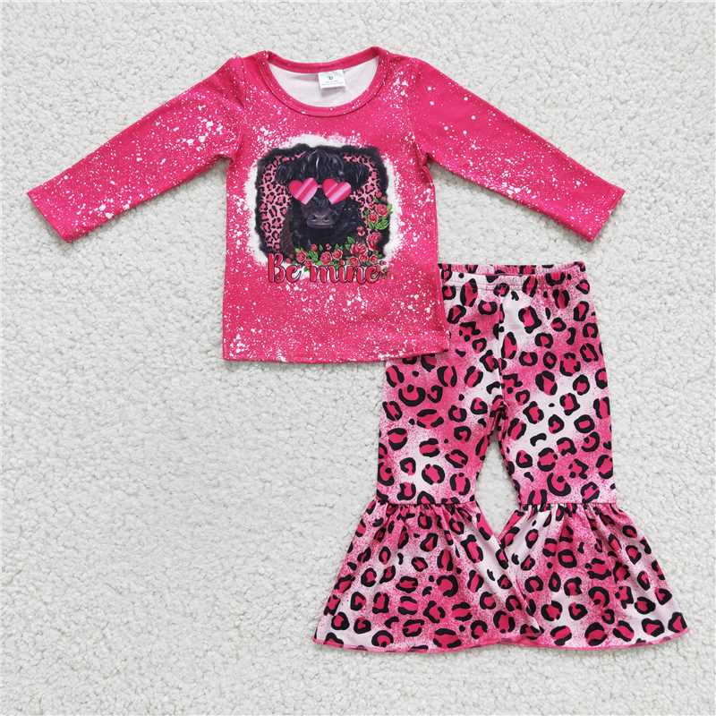 GLP0369Be mine highland cow leopard bell bottom pants girls Valentine's clothes