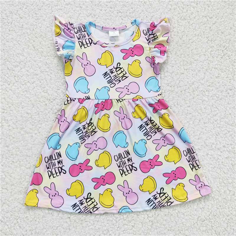 GSD0159 Girls PEEPS colorful rabbit flying sleeve dress