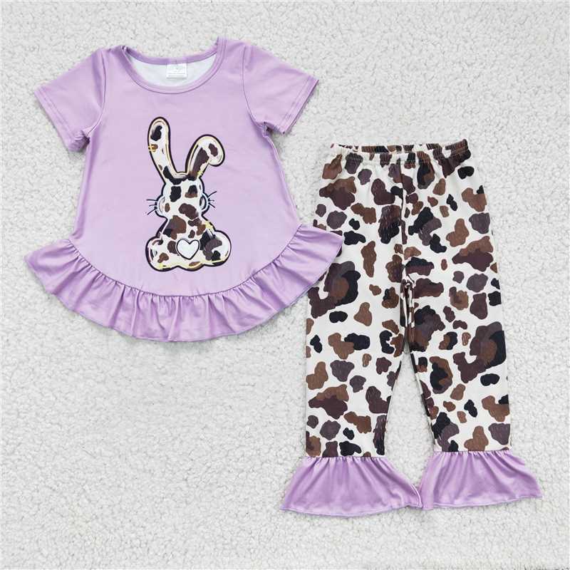 GSPO0238 Girls' purple cow-patterned rabbit short-sleeved trousers suit