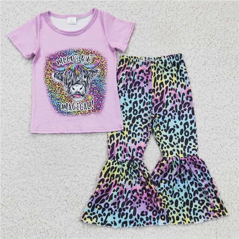 GSPO0240 Girls' Alpine cow color leopard print short-sleeved trousers suit