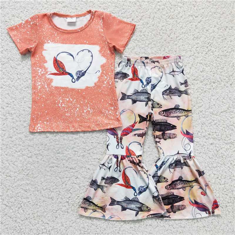 GSPO0258 Girls' orange heart fishing short-sleeved trousers suit