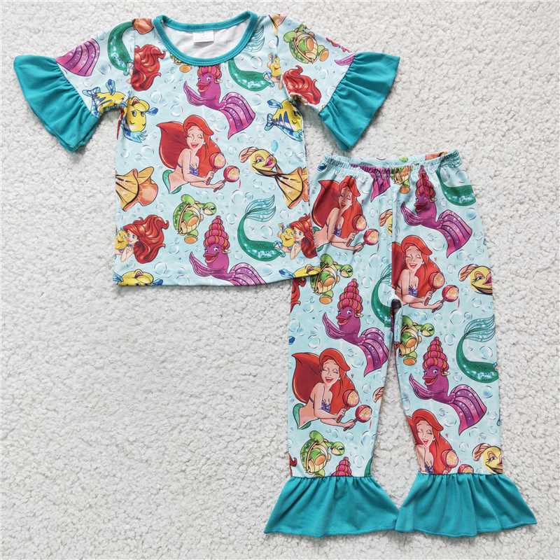 GSPO0315 Girls Mermaid Turtle Short Sleeve Pants Set