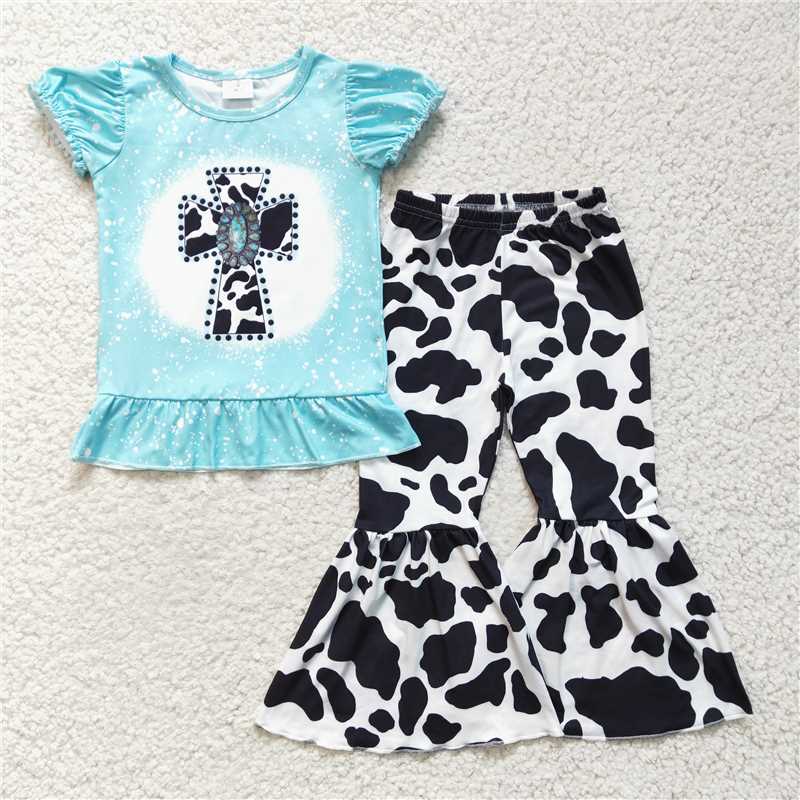 GSPO0246 Girls' cow pattern gemstone cross short-sleeved trousers suit