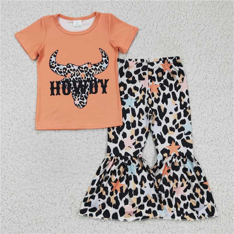 GSPO0305 Girls HOWDY leopard print bull head short-sleeved trousers suit