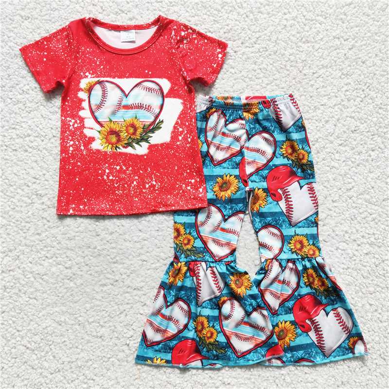 GSPO0252 Girls' red short-sleeved and long-pants suit with heart-shaped baseball and sunflower