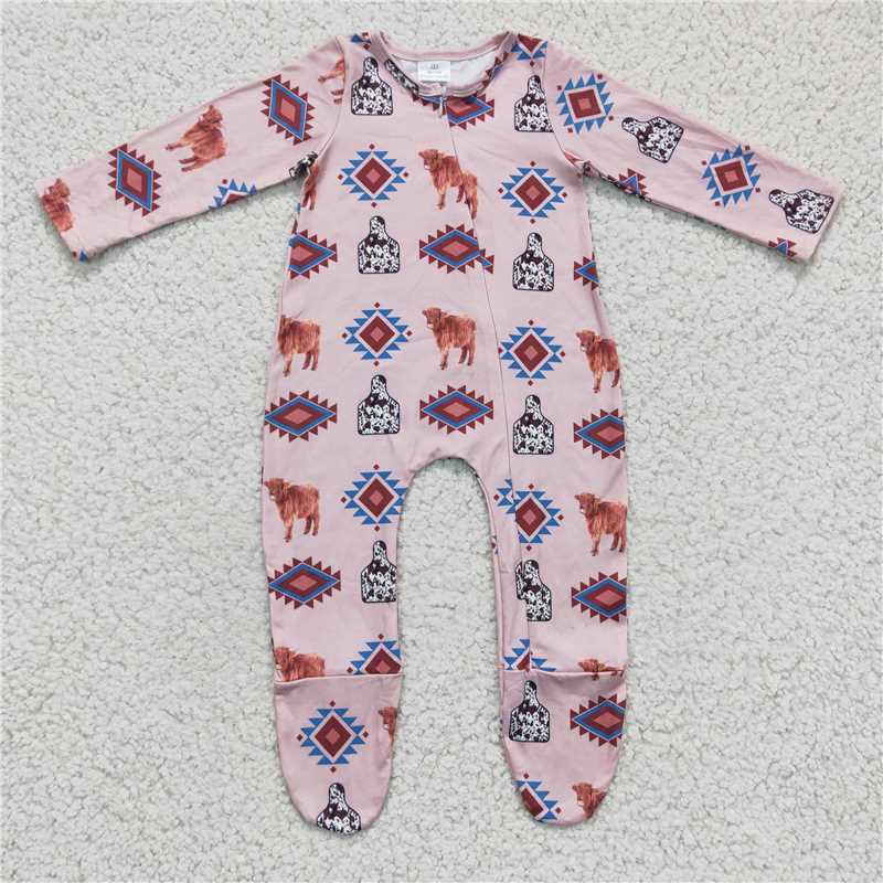 LR0224Highland cow aztec baby kids footed zipper coverall