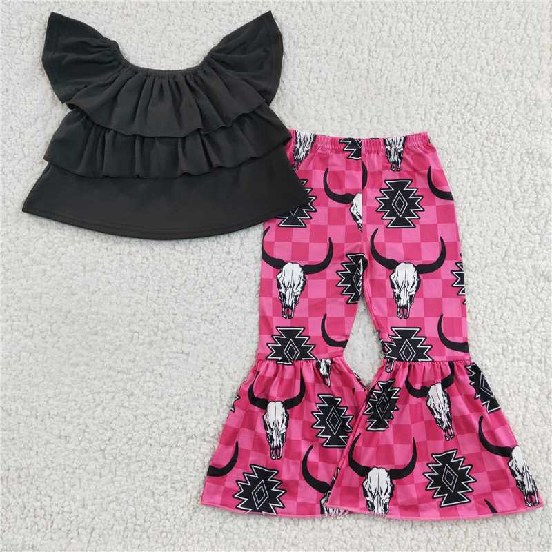 GSPO0314 Girls' black one-shoulder cow head rose red trouser suit