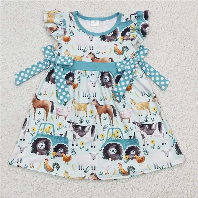 GSD0162 RTS NO MOQ Baby Girls Summer Dress Girls farm car cow horse pig chicken flying sleeve dress