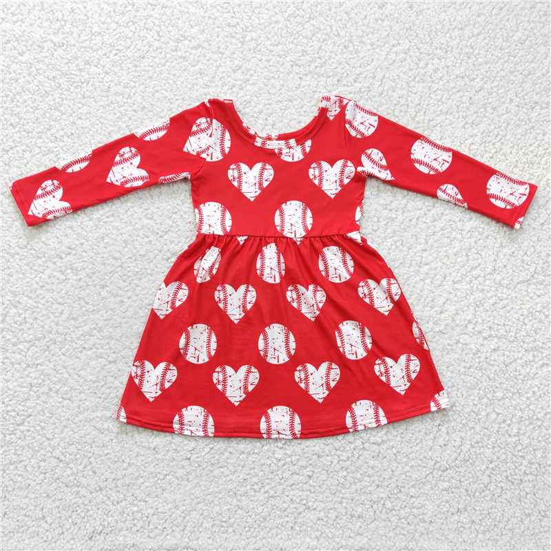 12.15 RTS NO MOQ (In stock)GLD0165 Baby Girls Red Heart Baseball Knee Length Dresses