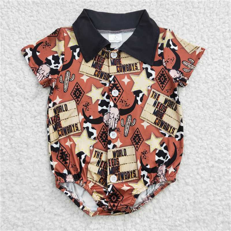 SR0193 Baby Boys Cow Skull Western Short Sleeve Rompers