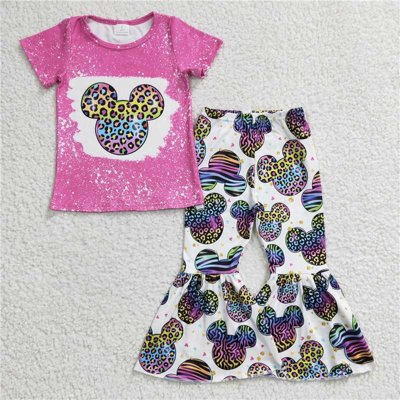 GSPO0455 Girls' colorful leopard print Mickey head rose red short-sleeved trousers suit