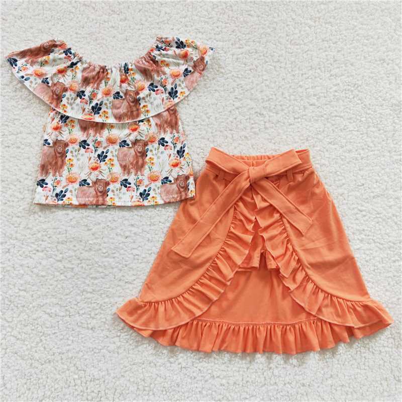 GSSO0184Highland cow top match shorts skirt kids girls outfits