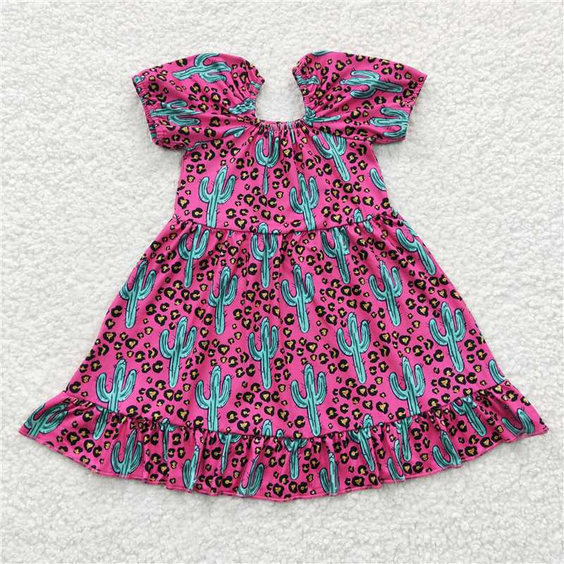 GSD0305 Girls' Cactus Rose Red Leopard Print Short Sleeve Dress
