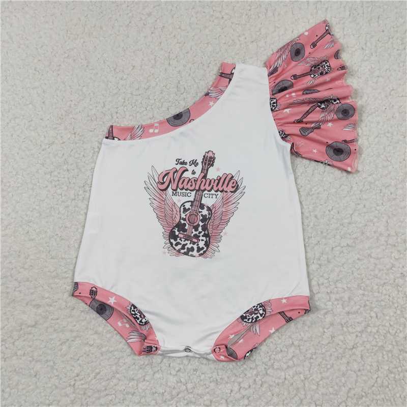 SR0317 Baby Girls Cowprint Music One Shoulder Rompers