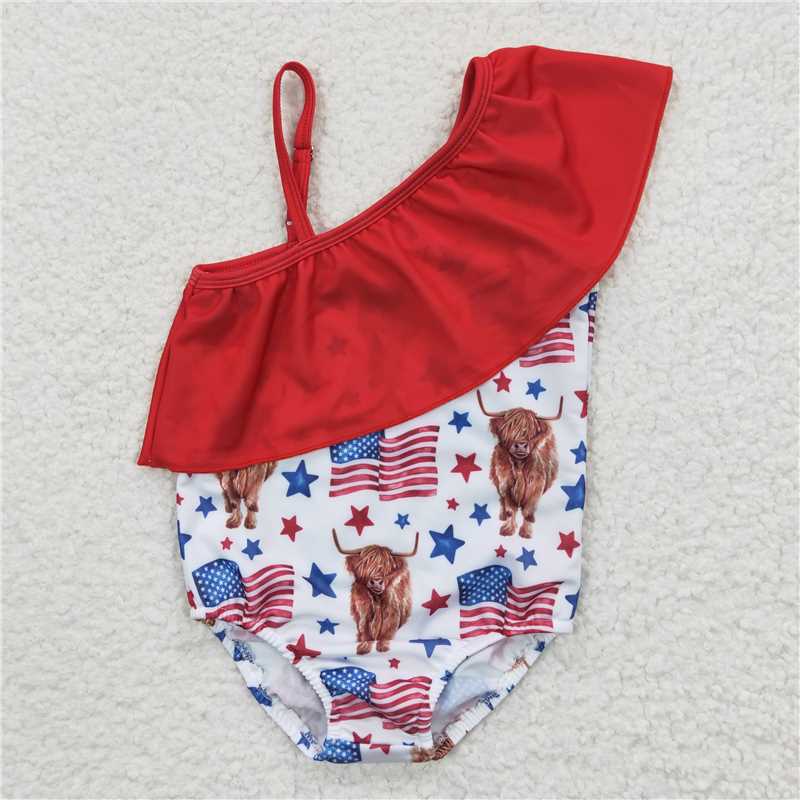 S0101 Baby Girls 4th Of July Highland Cow One Piece Bathing Suits Swimsuits