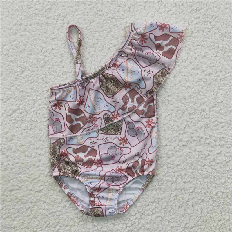 Baby Girls One-Piece Swimsuit Shoulder Cow Print Lining Casual Swimwear for Kids