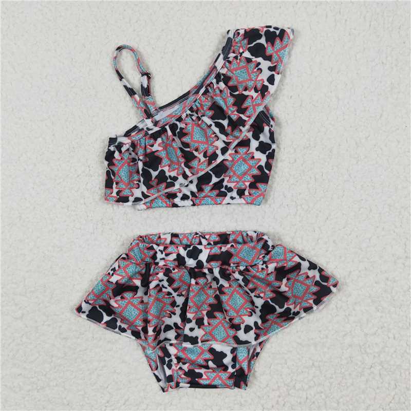 S0038 Baby Girls Blue Western Aztec Two Pieces Swimsuits