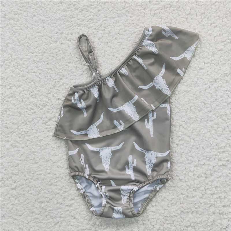 Baby Girls One-Piece Swimsuit Shoulder Cow Print Lining Casual Swimwear for Kids