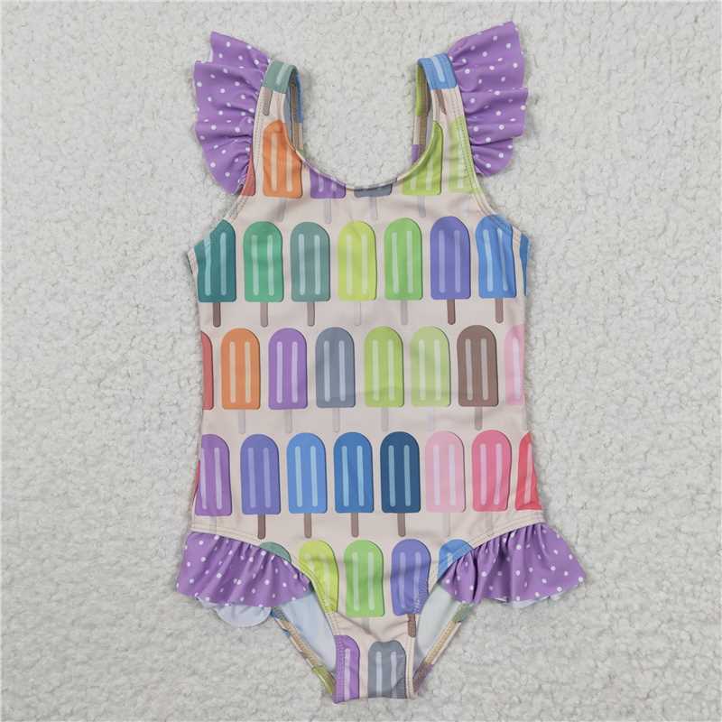 Girls Sleeveless Swimsuit Pink Popsicle Firework Design 4th of July Patriotic Swimwear for Kids
