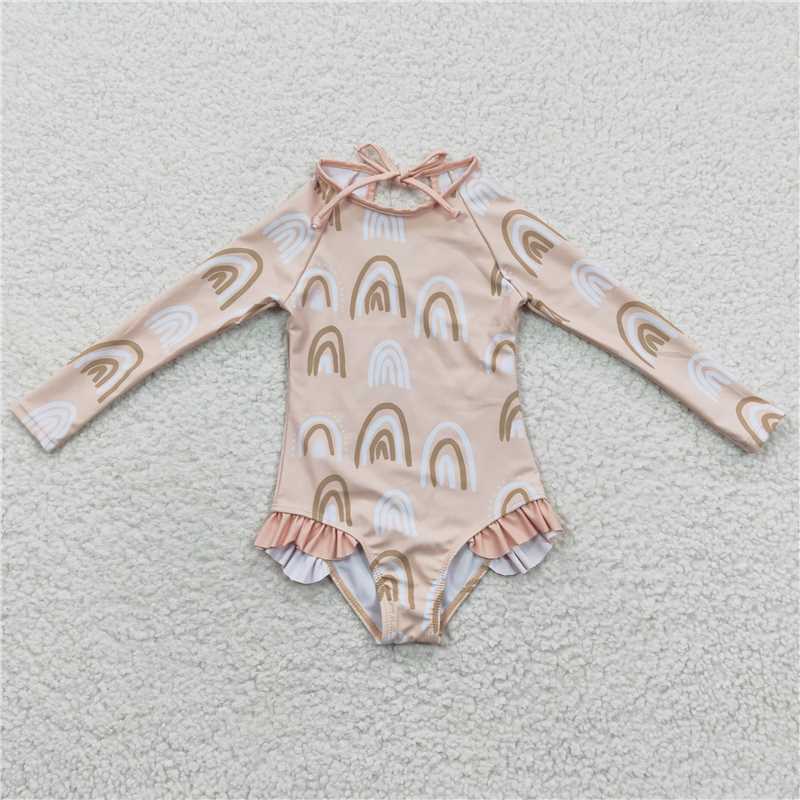 S0086 Baby Girls Summer Long Sleeve Flowers One Pieces Swimsuits