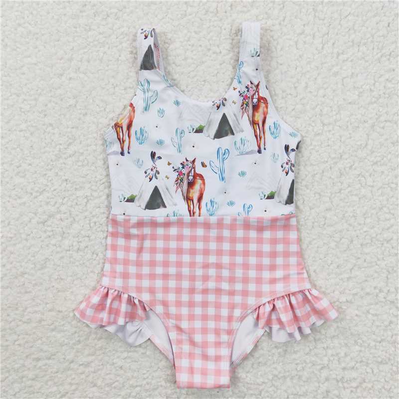 Girls Sleeveless Swimsuit Pink Popsicle Firework Design 4th of July Patriotic Swimwear for Kids