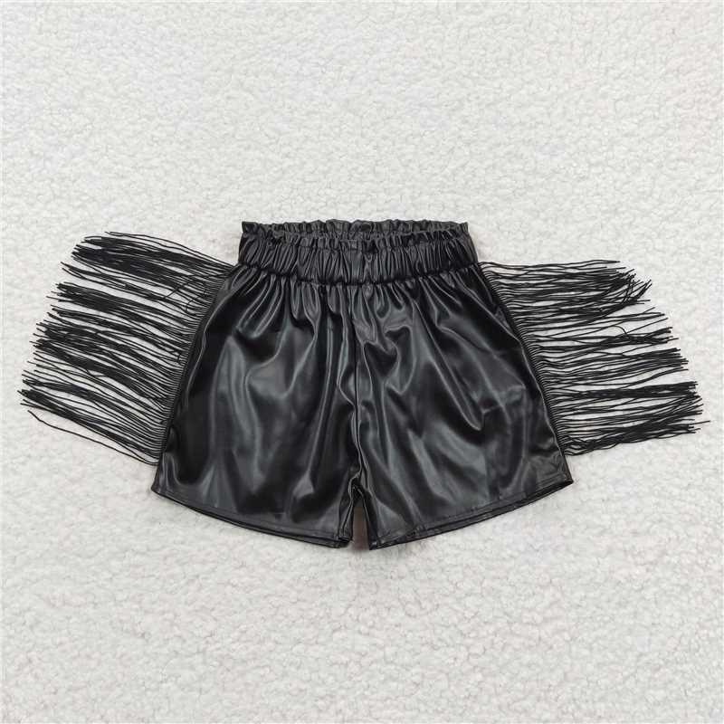 SS0094 Baby Girls Black Tassel Pleather Shorts