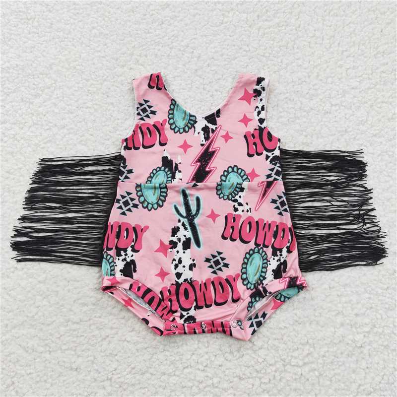SR0413 Baby Girls Western Tassel Howdy Pink Rompers