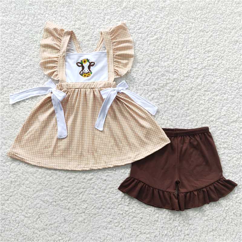 GSSO0233Cow embroidery plaid tunic ruffle shorts girls clothes