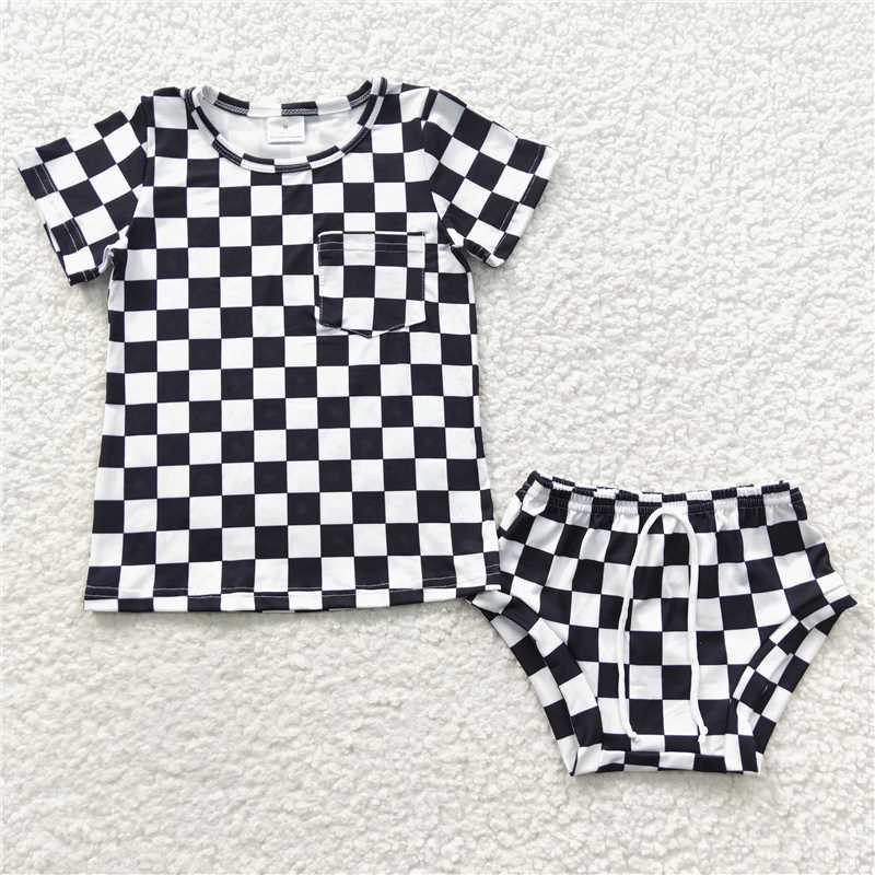 GBO0144 Baby Girls Boys Sibling Checkered Summer Bummie Sets