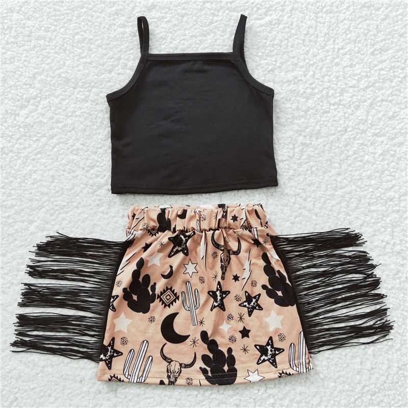 GSD0355Sleeveless top bull skull cactus tassels skirt baby girls clothes