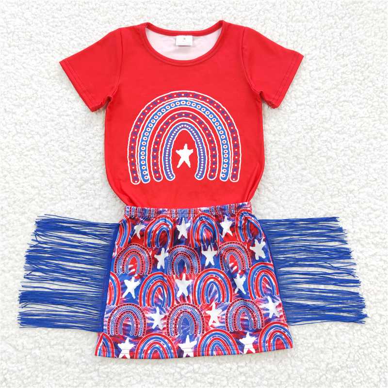 GSD0338 4th of July Girls Rainbow Short Sleeve Blue Fringe Skirt Suit
