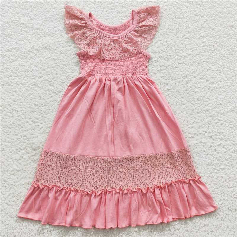 GSD0457 Pink lace cotton elastic kids girls dresses