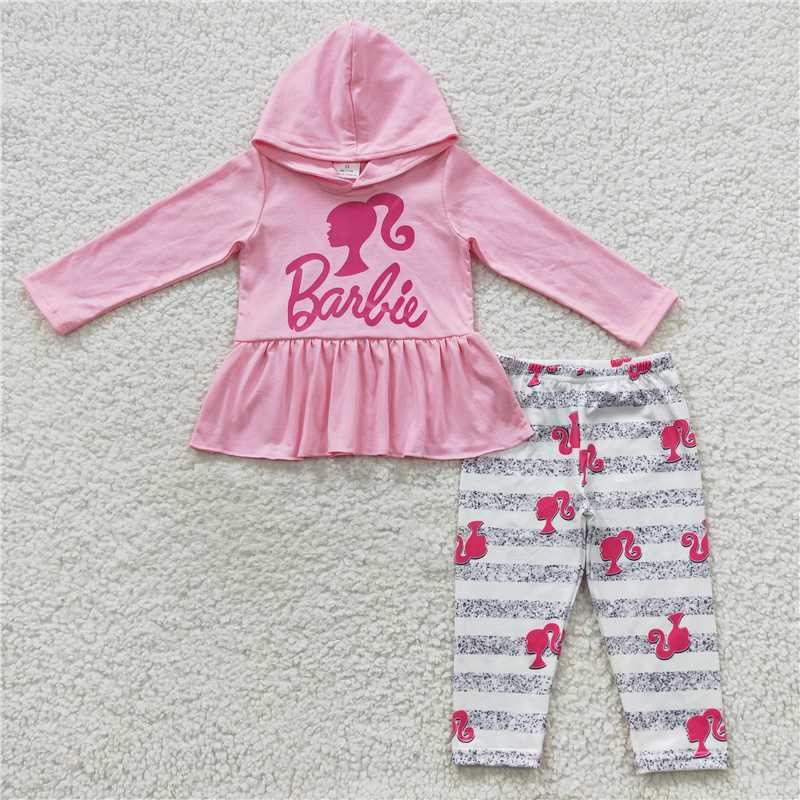 GLP0485 barbie offset pink hooded long-sleeved top with striped trousers set
